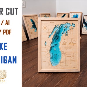 Digital File DXF, AI, SVG - Michigan lake map wood bathymetric map , Custom wood lake, river map, laser engraved wall art, housewarming gift