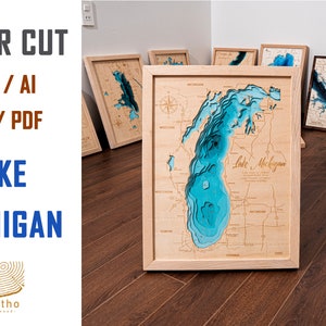Fichier numérique DXF, AI, SVG - carte bathymétrique en bois du lac Michigan, lac en bois personnalisé, carte de la rivière, art mural gravé au laser, cadeau de pendaison de crémaillère