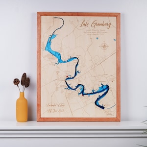 Houten kaart Lake Granbury, Texas 3D aangepast kaart meer, eiland, kust Bathymetrische kaart, kunst aan de muur Cabin House, kerstcadeaus