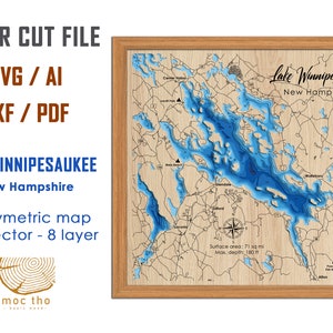 SVG - Lake Winnipesaukee, New Hampshire, Bathymetrische Tiefe Schichten SVG-Datei, Layered Vektor, Laser geschnitten Datei, Hochzeitsgeschenk,