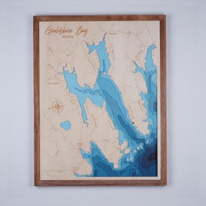 Gouldsboro Bay Maine houten kaart 3D Custom kaart Lake, Island, Coast Bathymetrische kaart, Cabin House Wall Art, kerstcadeaus