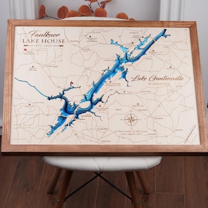 Mapa topográfico de madera de 9 capas del lago Guntersville, Alabama, mapa del lago personalizado, mapa enmarcado personalizado, arte de pared grabado con láser, regalo de inauguración de la casa