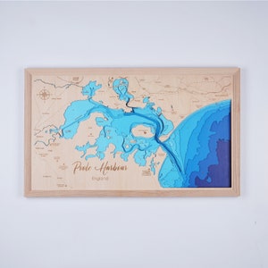 Houten kaart Poole Harbor UK 3D Custom Lake, Island, Coast kaart Bathymetrische kaart, Cabin House Wall Art, kerstcadeaus