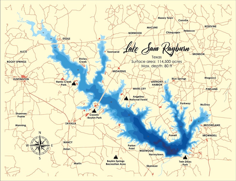 Rayburn Point Digital File PDF, SVG - Lake Sam Rayburn, Texas Bathymetric Depth ...