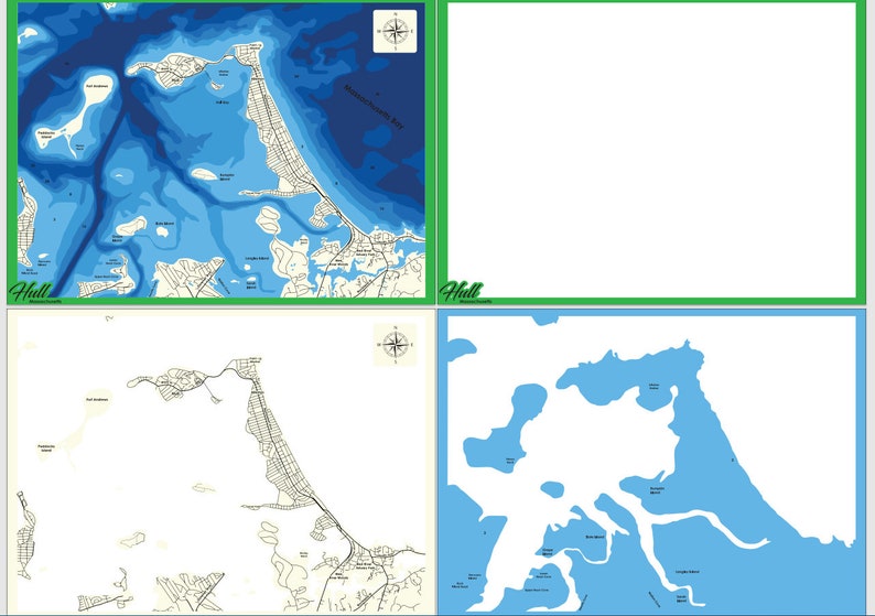 May include: A map of Hull, Massachusetts, showing the coastline, streets, and bodies of water. The map is divided into four sections, with the top left section showing the coastline in blue, the top right section showing a blank white space, the bottom left section showing the streets in black and white, and the bottom right section showing the bodies of water in blue.