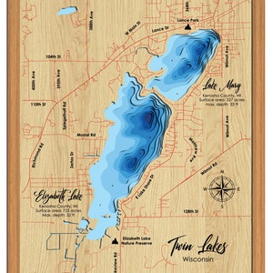Digital File PDF, SVG - Twin Lakes Wisconsin Map, Bathymetric Depth