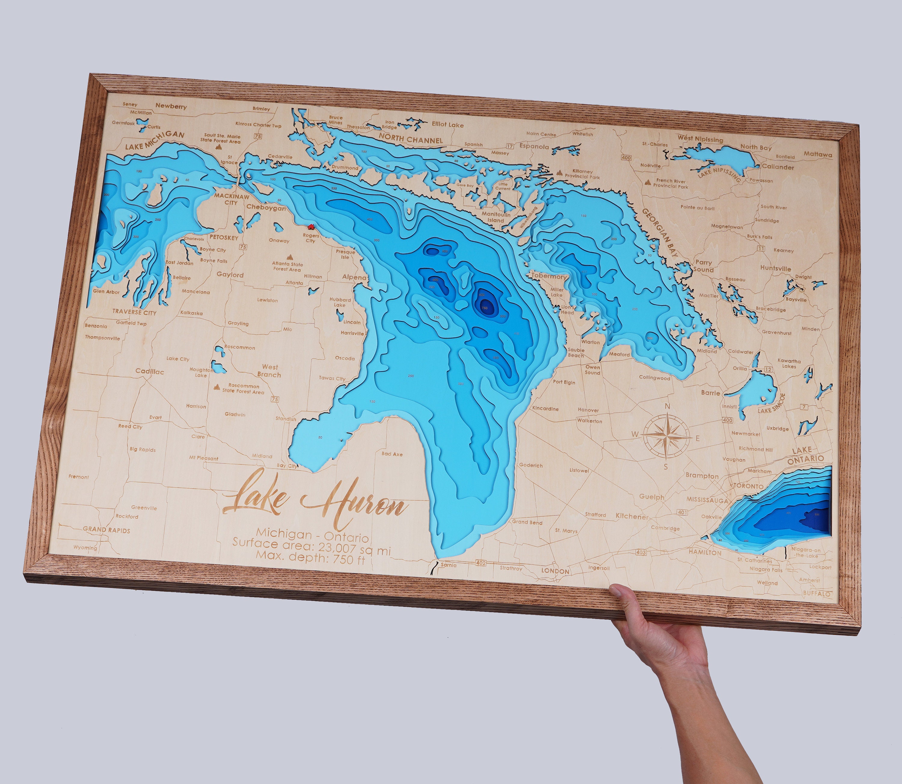 Lake Huron Wood Map 3D Custom Lake, Island, Coast Map Bathymetric Map ...