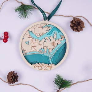 Carteret County, Crystal Coast Ornament Map 6 layer 6 inch, Custom Wooden Christmas Ornament, Housewarming Gift, Xmas Gift, Cabin house