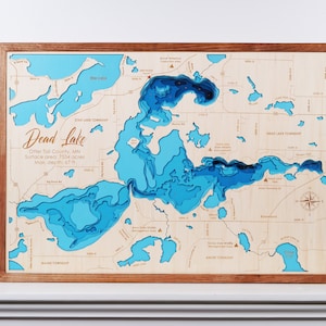 Dode meer Minnesota houten kaart 3D aangepaste kaart meer, eiland en kust Bathymetrische kaart, Cabin House Wall Art, kerstcadeaus