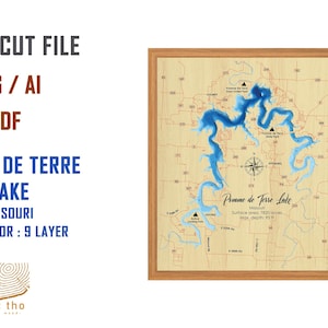 Fichier numérique PDF, SVG - lac Pomme de Terre, Missouri profondeur bathymétrique couches fichier SVG, vecteur de couches, fichier découpé au laser, cadeau de mariage