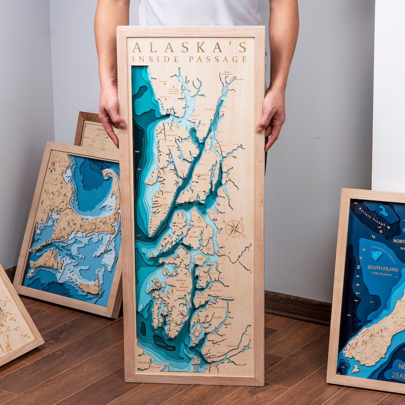 Alaska Inside Passage Wood Map 3D Custom Lake, Island, Coast Map ...