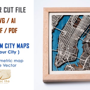 Arquivo digital DXF, AI, SVG - Mapa da cidade personalizado em madeira, multicamadas, cortado a laser, vetor, arte de parede, presente de inauguração