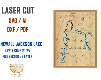 Digital File PDF, Dxf, SVG - Stonewall Jackson Lake , Bathymetric Depth Layers SVG File, Layered Vector, Laser Cut File, wedding gift