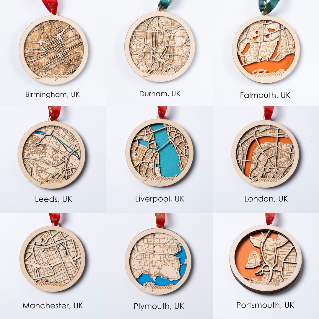 City of United Kingdom Map Ornament, Home Wooden Christmas Ornament
