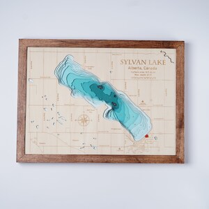 Sylvan Lake Teal Color, Alberta Custom Lake kaart 3D hout bathymetrische meerlagige kaart, Cabin House Wall Art | Inwijdingsfeest, vaderdagcadeaus