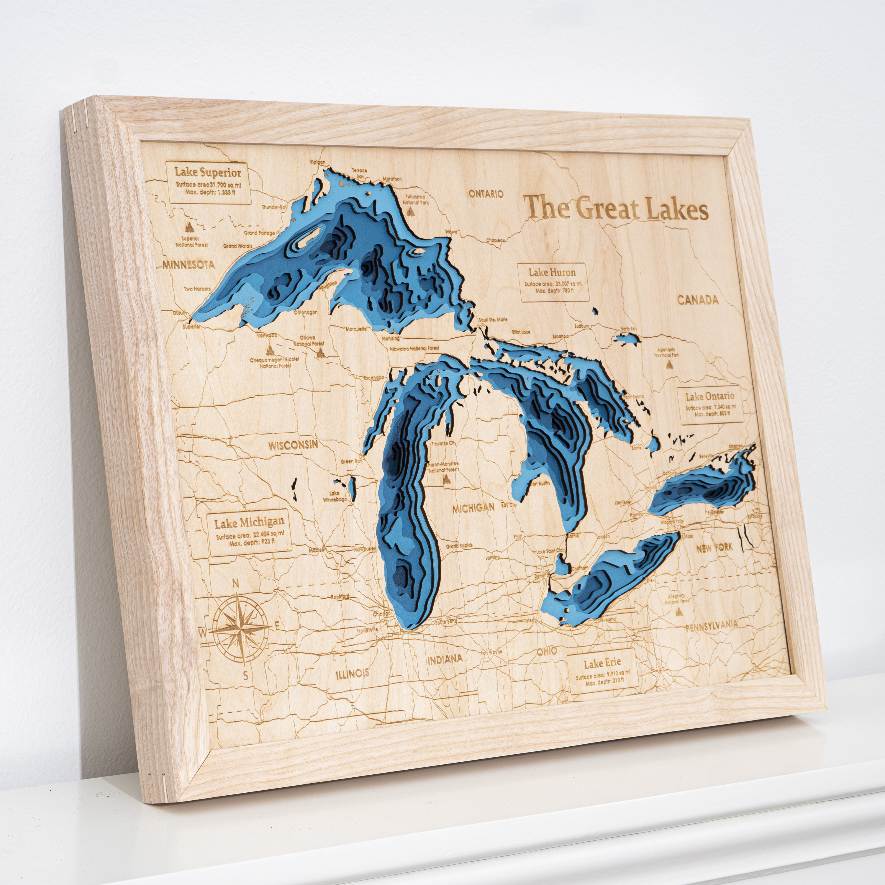The Great Lakes Map Wood - Custom 3D Map Wood Bathymatric Map, Custom ...