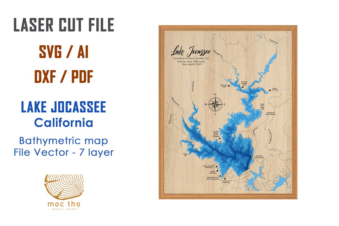 Digital File PDF, SVG Lake Jocassee South Carolina Bathymetric Depth