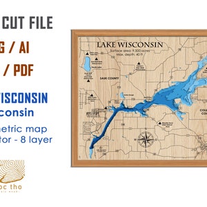 Fichier numérique PDF, SVG - Lake Wisconsin, fichier SVG de profondeur bathymétrique Wi, vecteur de couches, fichier découpé au laser, cadeau de mariage
