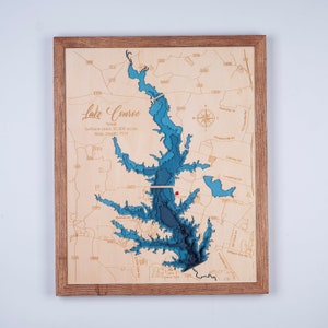 Houten kaart Lake Conroe Texas 3D aangepast kaart meer, eiland en kust Bathymetrische kaart, kunst aan de muur Cabin House, kerstcadeaus