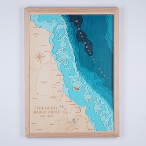Het Great Barrier Reef, houten kaart Australië 3D Custom Lake, Island, Coast-kaart Bathymetrische kaart, Cabin House Wall Art, kerstcadeaus