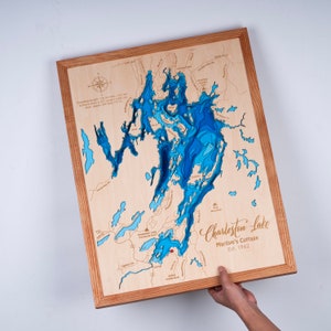 Houten kaart Charleston Lake Ontario 3D Custom kaart Lake, Island, Coast Bathymetrische kaart, Cabin House Wall Art, kerstcadeaus