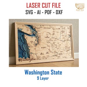Digital File PDF, SVG - Washington State Bathymetric map Depth Layers SVG File, Layered Vector, Laser Cut File, wedding gift,