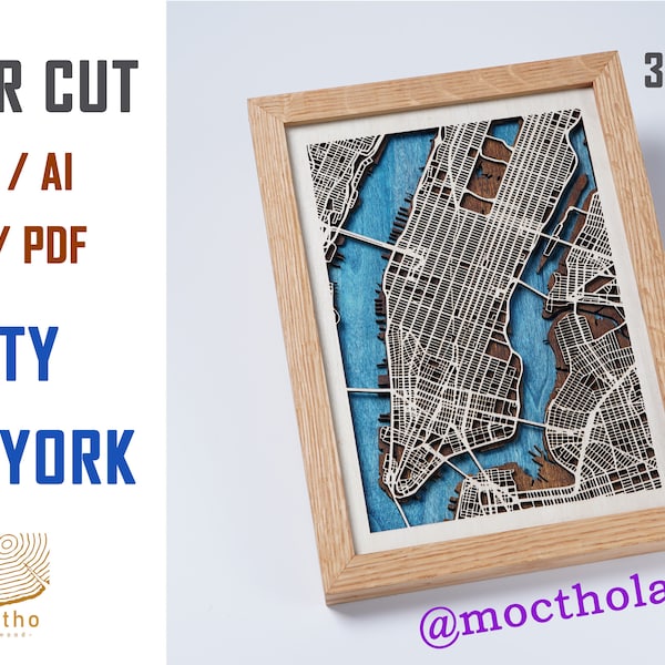 Digital File DXF, AI, SVG - New York Map Wood Multilayer Laser Cut Designs Vector,  Custom wood lake, river map, wall art, housewarming gift