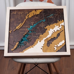 Mappa multistrato personalizzata 3D WOOD Montagna + Lago / Mappa batimetrica e topografica / Arte della parete della cabina, Inaugurazione della casa, Regali di Natale