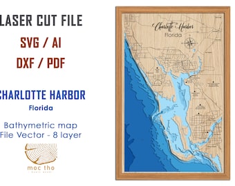 Digital File PDF, SVG - Charlotte Harbor Florida, Bathymetric Depth Layers SVG File, Layered Vector, Laser Cut File, wedding gift,