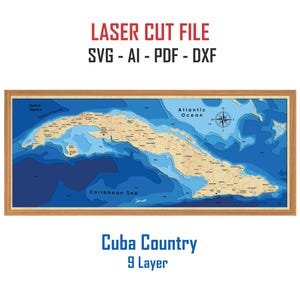 Archivo digital PDF, SVG - Mapa del país de Cuba Capas de profundidad batimétrica Archivo SVG, Vector en capas, Archivo cortado con láser, regalo de boda,