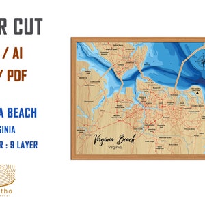 Arquivo digital PDF, SVG - arquivo SVG de camadas de profundidade batimétrica de Virginia Beach, vetor em camadas, arquivo cortado a laser, presente de casamento,