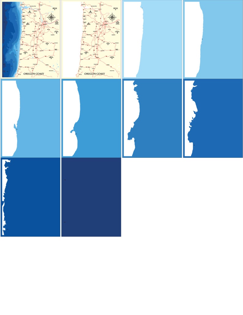 Puede incluir: Un mapa de la costa de Oreg&oacute;n con un esquema de color azul y blanco. El mapa muestra las principales ciudades, autopistas y puntos de inter&eacute;s. El mapa est&aacute; dividido en secciones, cada secci&oacute;n muestra una parte diferente de la costa.