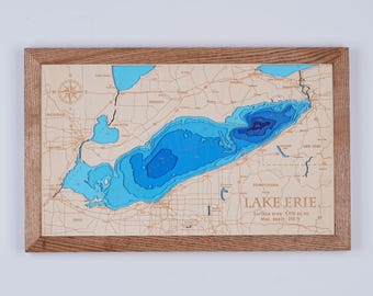 Lake Erie wood bathymetric map , Custom wood lake, river map, Personalized framed map, laser engraved wall art, housewarming gift