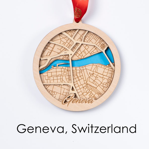 Geneva city, Switzerland Map Ornament, Home Wooden Christmas Ornament, Home Housewarming Gift, New Home Ornament, Xmas Gift, Cabin house