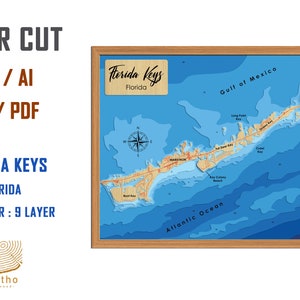 Digitaal bestand pdf, SVG - Florida Keys Florida kaart bathymetrische dieptelagen bestand, gelaagde vector, lasergesneden bestand, huwelijkscadeau,