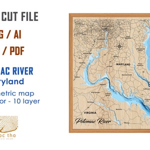 Digitale Datei PDF, SVG - Potomac River Maryland, Bathymetrische Tiefe, Schichten, SVG-Datei, Schichtvektor, Laserschnittdatei, Hochzeitsgeschenk