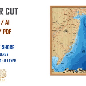 Digitaal bestand PDF, SVG - Jersey Shore New Jersey kaart, Bathymetrische diepte lagen SVG-bestand, gelaagde vector, laser gesneden bestand, huwelijkscadeau