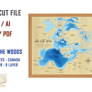 Pode incluir: Um arquivo de corte a laser do Lago das Woods, um corpo de água compartilhado pelos Estados Unidos e Canadá. O mapa mostra a profundidade do lago em tons de azul, com uma rosa dos ventos no canto inferior direito. O arquivo está disponível nos formatos SVG, AI, DFX e PDF. O vetor do arquivo tem 9 camadas.
