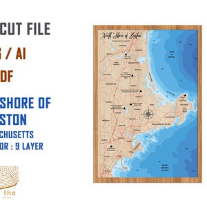 Pode incluir: Um arquivo de corte a laser de um mapa da costa norte de Boston, Massachusetts. O mapa está em uma moldura de madeira e mostra a costa, as estradas e as cidades. O arquivo está disponível nos formatos SVG, AI e PDF. O vetor do arquivo tem 9 camadas.