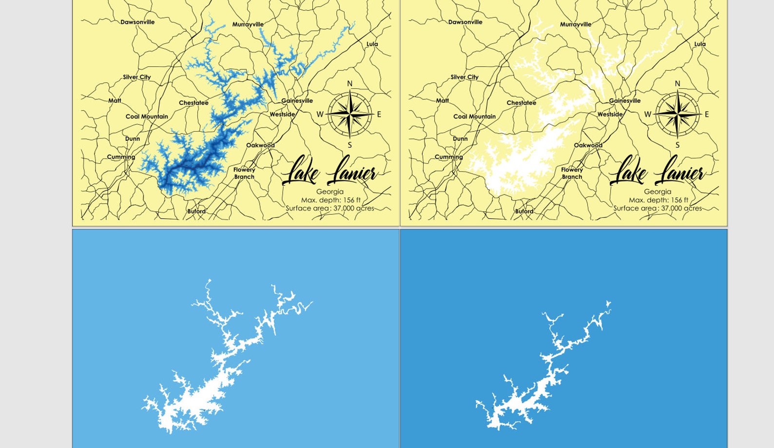Digital File PDF, SVG - Lake Lanier Georgia Map Bathymetric Depth ...