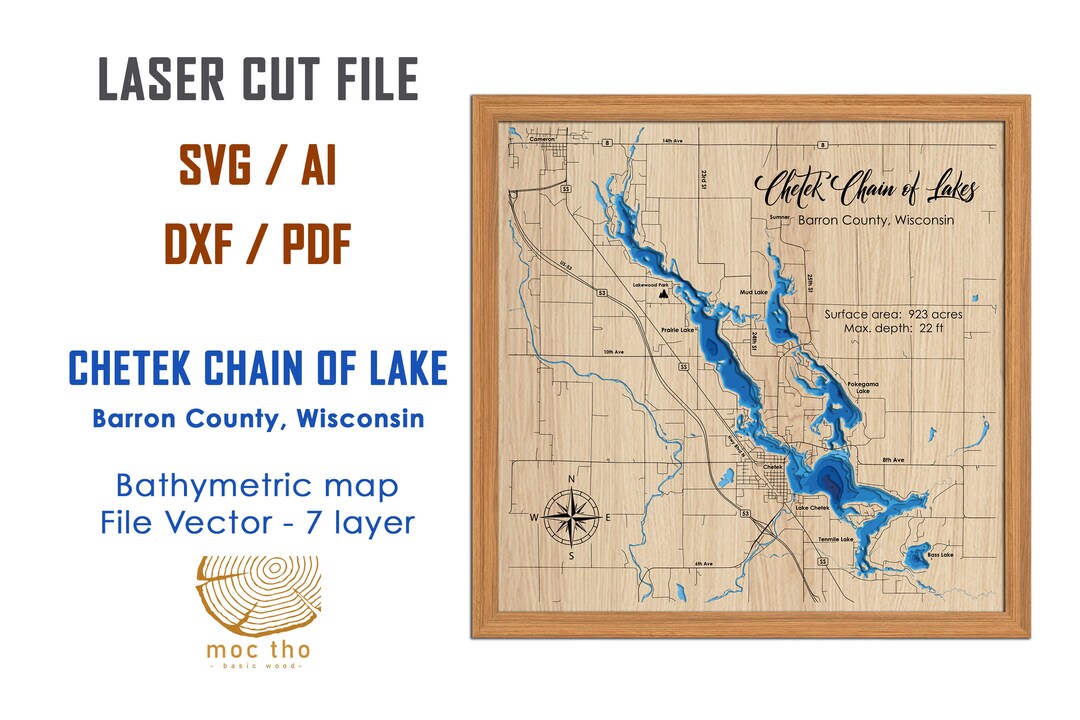 Digital File PDF SVG Lake Chetek Wisconsin Bathymetric Etsy