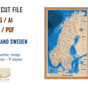 Digitale Datei PDF, SVG - Karte von Norwegen und Schweden, Bathymetric Depth Layers SVG-Datei, Layered Vector, Laser Cut File, Hochzeitsgeschenk