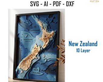 Digital File DXF, AI, SVG - New Zealand wood map, bathymatric map , Custom wood lake, river map, laser engraved wall art, housewarming gift
