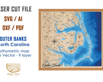 Digital File PDF, SVG - Outer Banks North Carolina, Bathymetric Depth Layers SVG File, Layered Vector, Laser Cut File, wedding gift