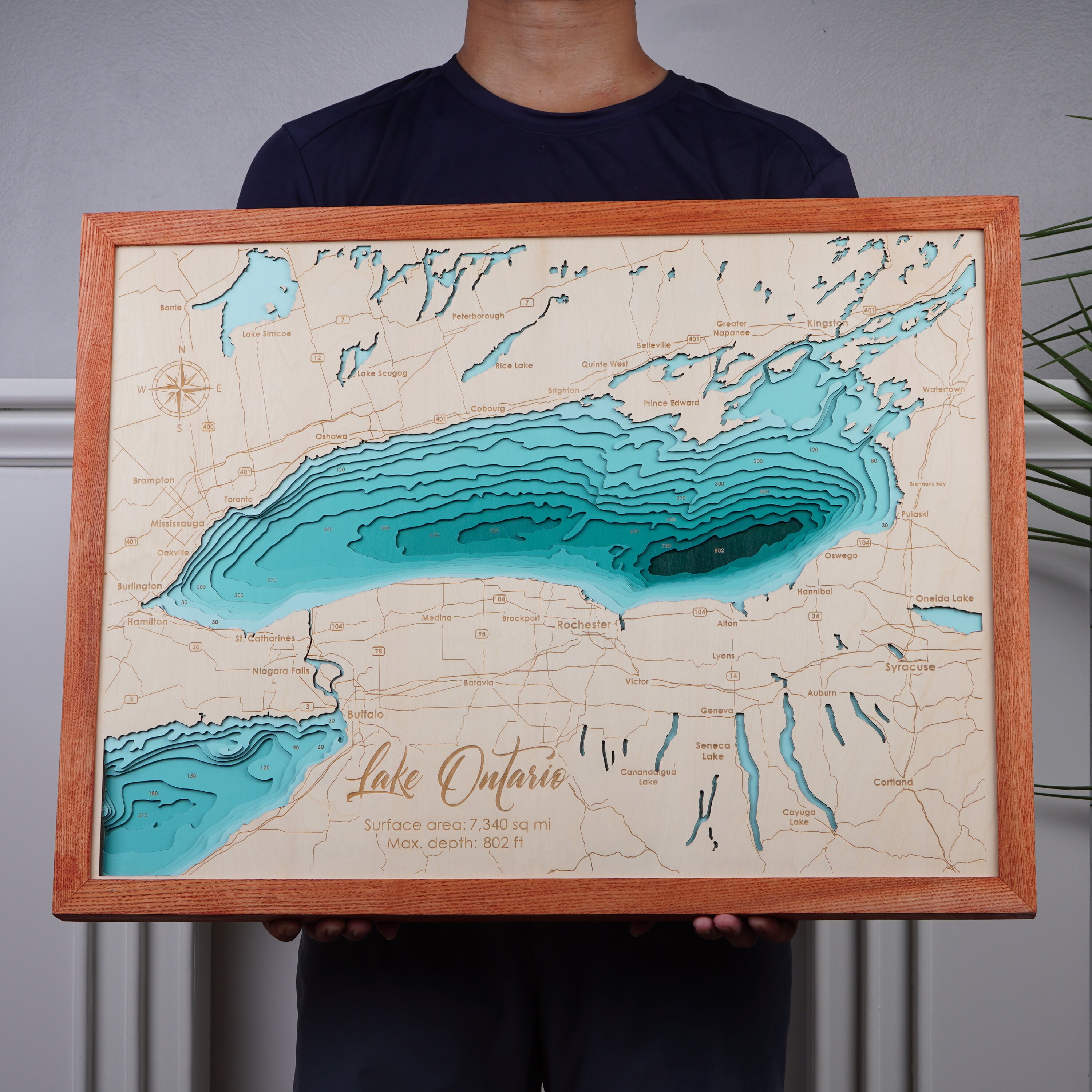 Lake Ontario Wood Map 3D Custom Lake, Island, Coast Map | Bathymetric ...