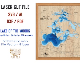 Digital File PDF, SVG - Lake of the woods Ontario, Bathymetric Depth Layers SVG File, Layered Vector, Laser Cut File, wedding gift,