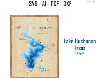 May include: A wooden laser-cut map of Lake Buchanan in Texas, featuring a detailed blue and brown topographic design. The map includes text indicating the lake's surface area and maximum depth of 132 feet. The text "Lake Buchanan Texas 9 Layer" is also visible.