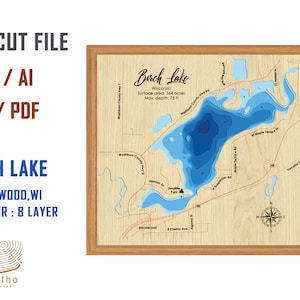 Digital File PDF, SVG - Birch Lake Wisconsin map Bathymetric Depth Layers SVG File, Layered Vector, Laser Cut File, gift