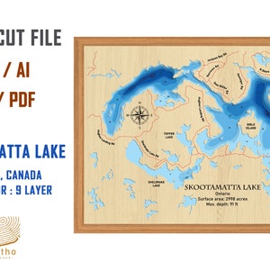 Digital File PDF, SVG - Skootamatta Lake Ontario Map Bathymetric Depth Layers SVG File, Layered Vector, Laser Cut File, wedding gift