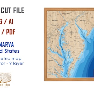 Archivo digital PDF, SVG - Mapa de la península de Delmarva, Archivo SVG de capas de profundidad batimétrica, Vector en capas, Archivo cortado con láser, regalo de boda,